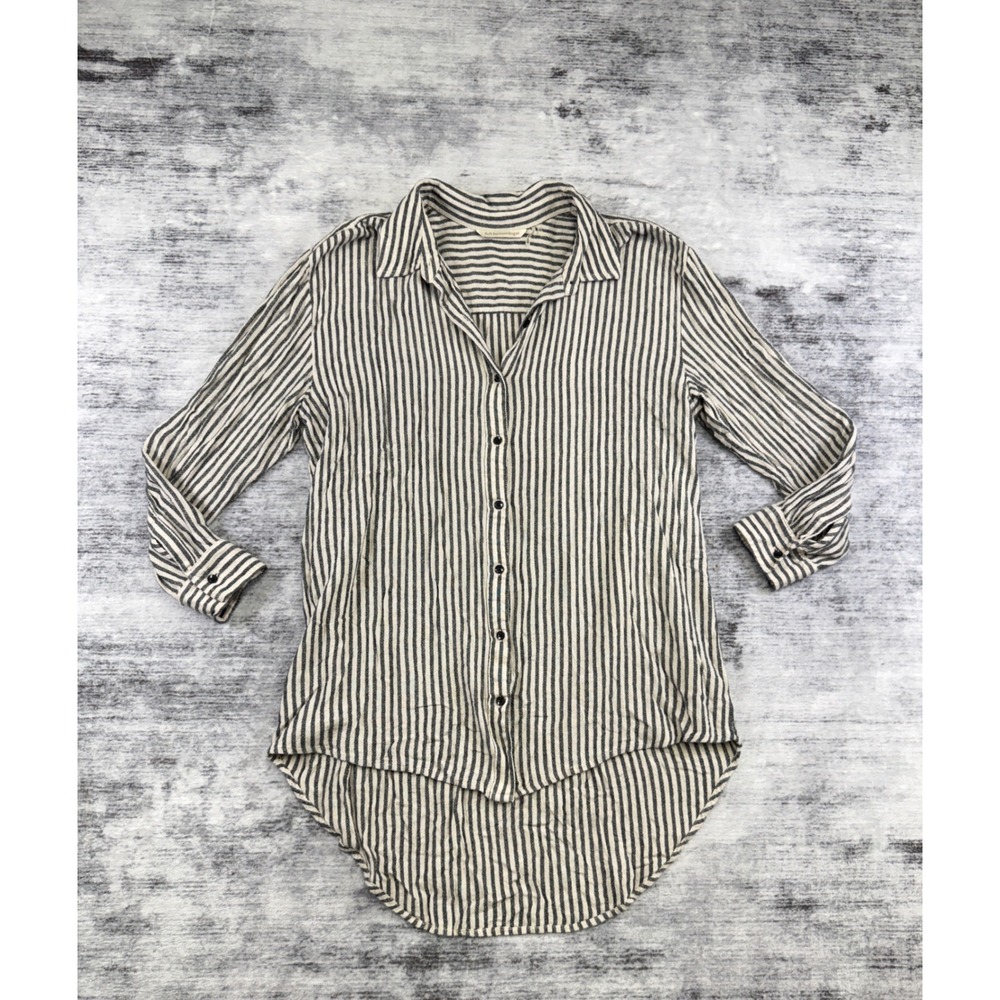 Soft Surroundings Striped Linen Blend Roll Tab Tunic Shirt Navy Blue M 28684